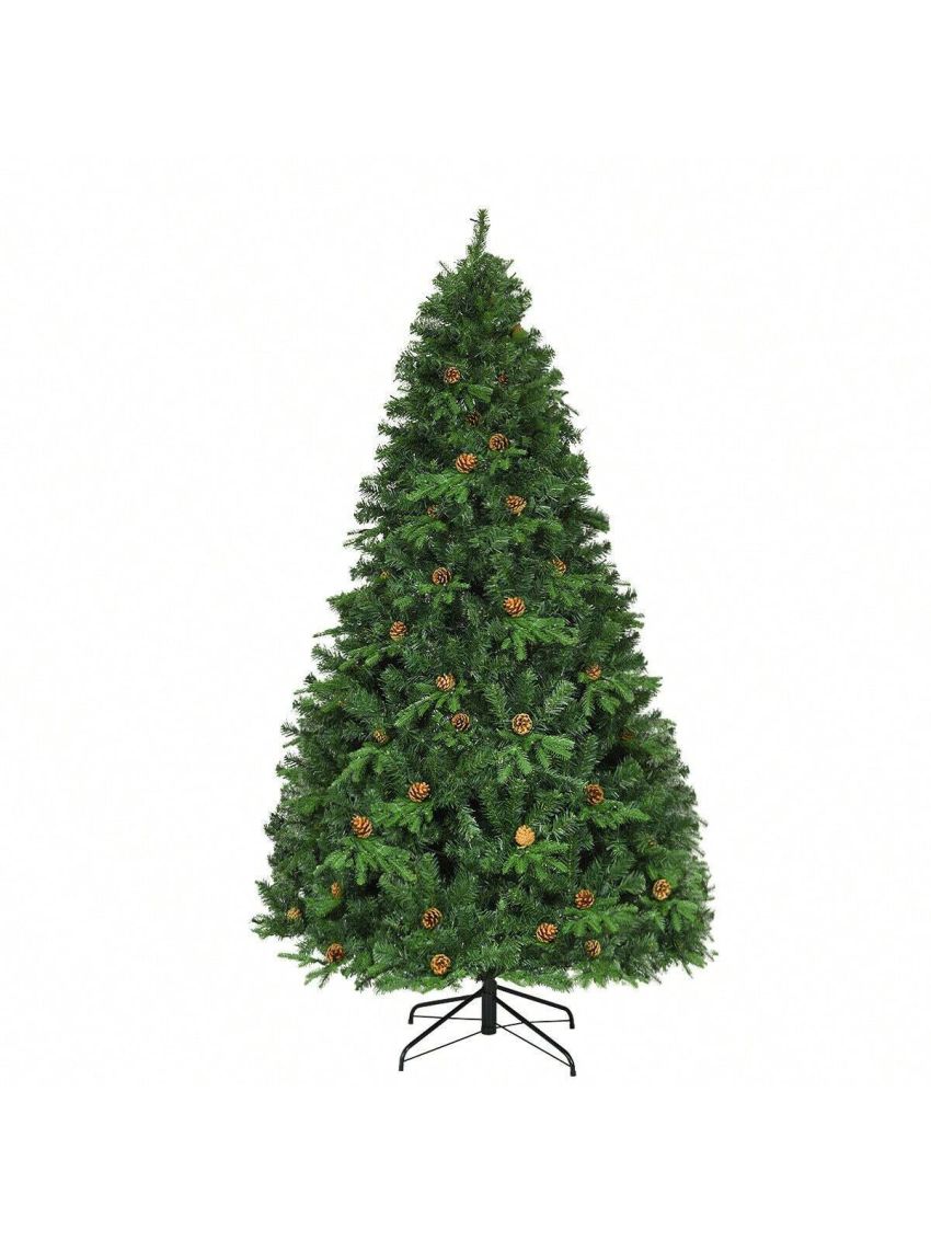 Gymax Pre-Lit 7' Premium Spruce Artificial Christmas Tree Hinged 460 LED Lights Pine Cones