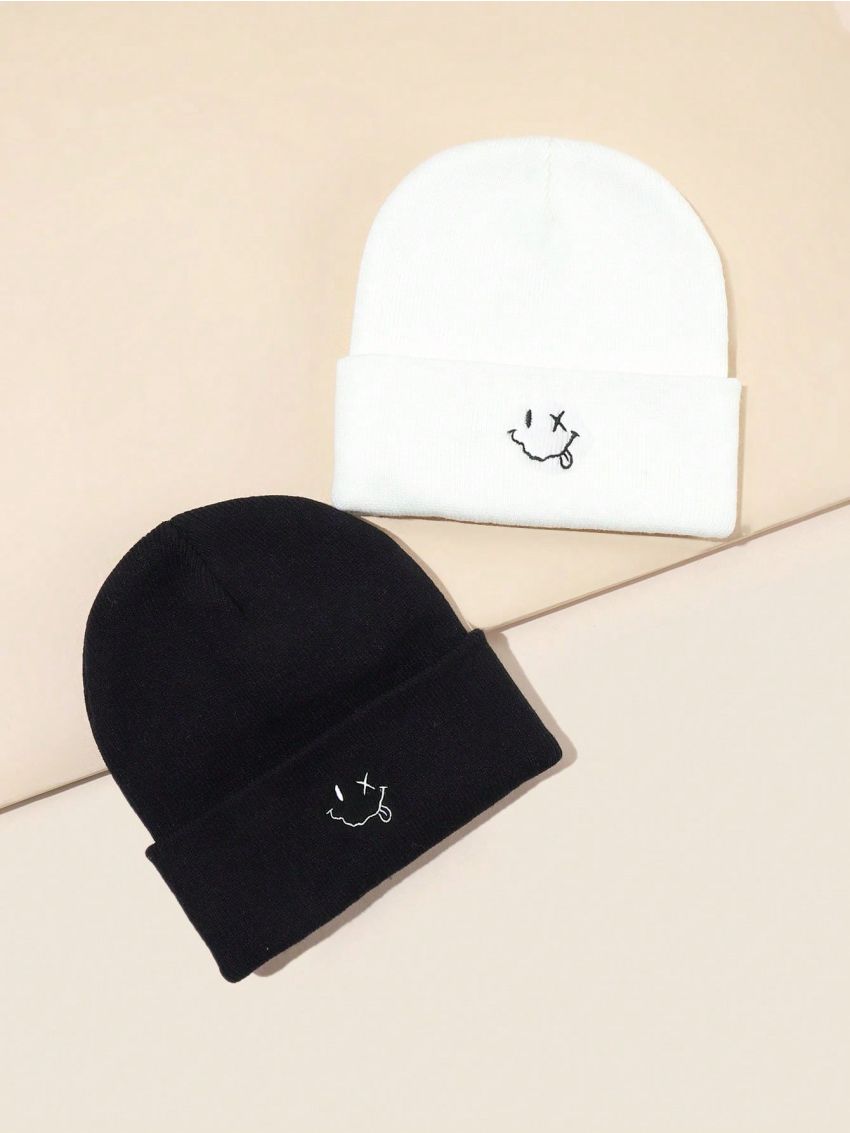 XYZ Studio 2pcs Smiling Face Embroidery Design Knitted Hat
