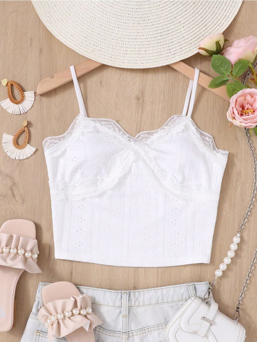 SHEIN Teen Girl Knitted Hollow-Out Texture Crisscross Lace Trim Camisole