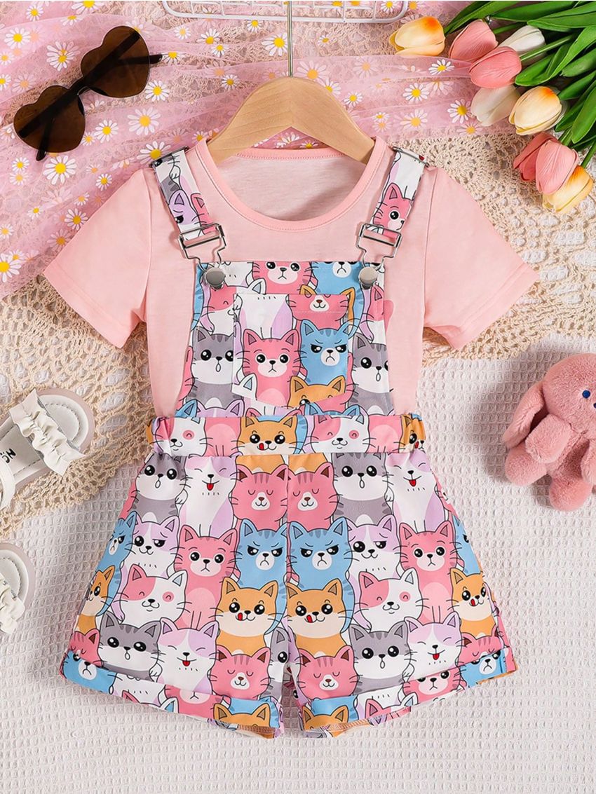 SHEIN Kids QTFun Toddler Girls Tee & Cartoon Graphic Overall Romper