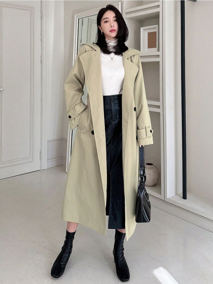 DAZY Women'S Double Breasted Belted Trench Coat Jacket