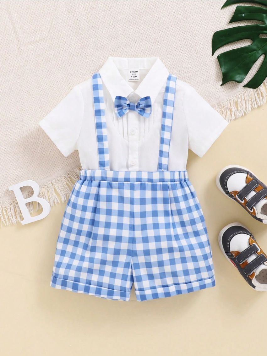 SHEIN Baby Boy'S Gentleman Suit White Short Sleeve Shirt + Bowtie Grid Suspenders Shorts Set