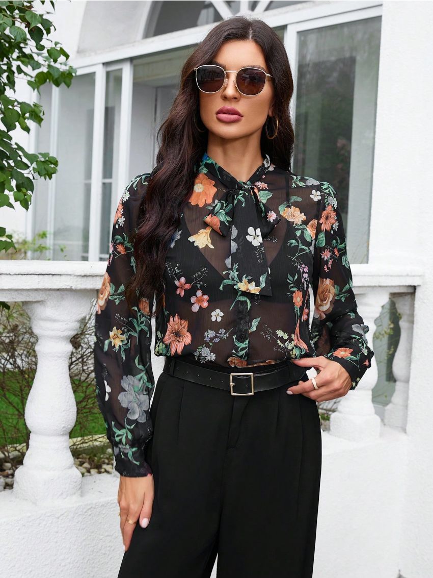 Women's Floral Print Tie Neck Long Sleeve Blouse