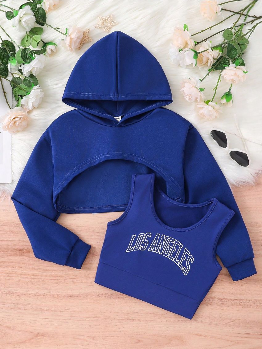 SHEIN Kids EVRYDAY Tween Girls' Letter Printed Tank Top With Hooded Solid Cropped Sweatshirt