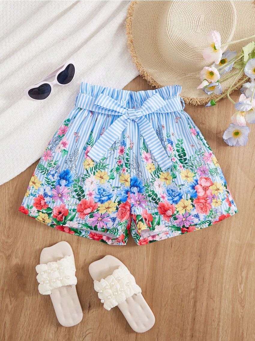 SHEIN Kids FANZEY Tween Girl's Striped Flower Pattern Shorts With Detachable Belt, Ruffled Hem