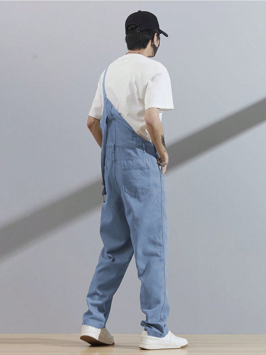 Manfinity Hypemode 1pc Men's Adjustable Shoulder Strap Denim Jumpsuit With Slanted Pockets