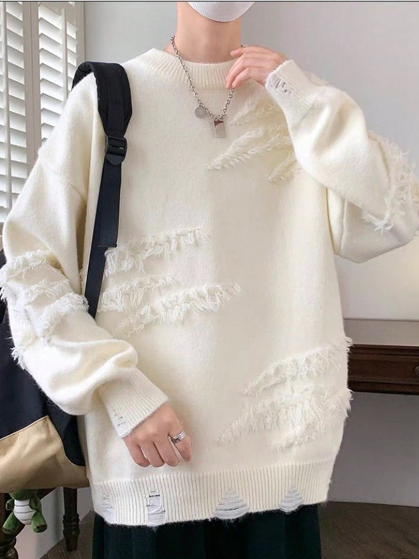 Manfinity EMRG Men's Solid Color Distressed Round Neck Sweater