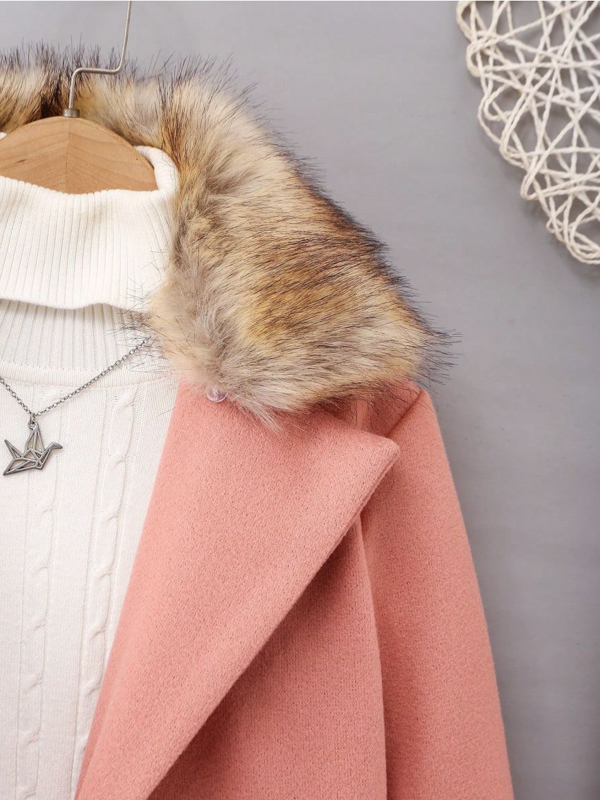 SHEIN Kids QTFun Girls' (big) Solid Color Wool Coat With Suit Collar And Fur Collar