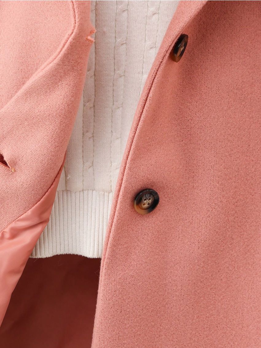 SHEIN Kids QTFun Girls' (big) Solid Color Wool Coat With Suit Collar And Fur Collar