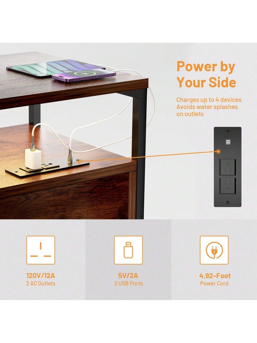 GINRGINR LED Nightstand Charging Station, Wood Nightstand with 2 Deep Drawers & Shelves, Bed Side End Table for Bedroom & Living Room, Rustic Brown, Rustic Grey, 15.7