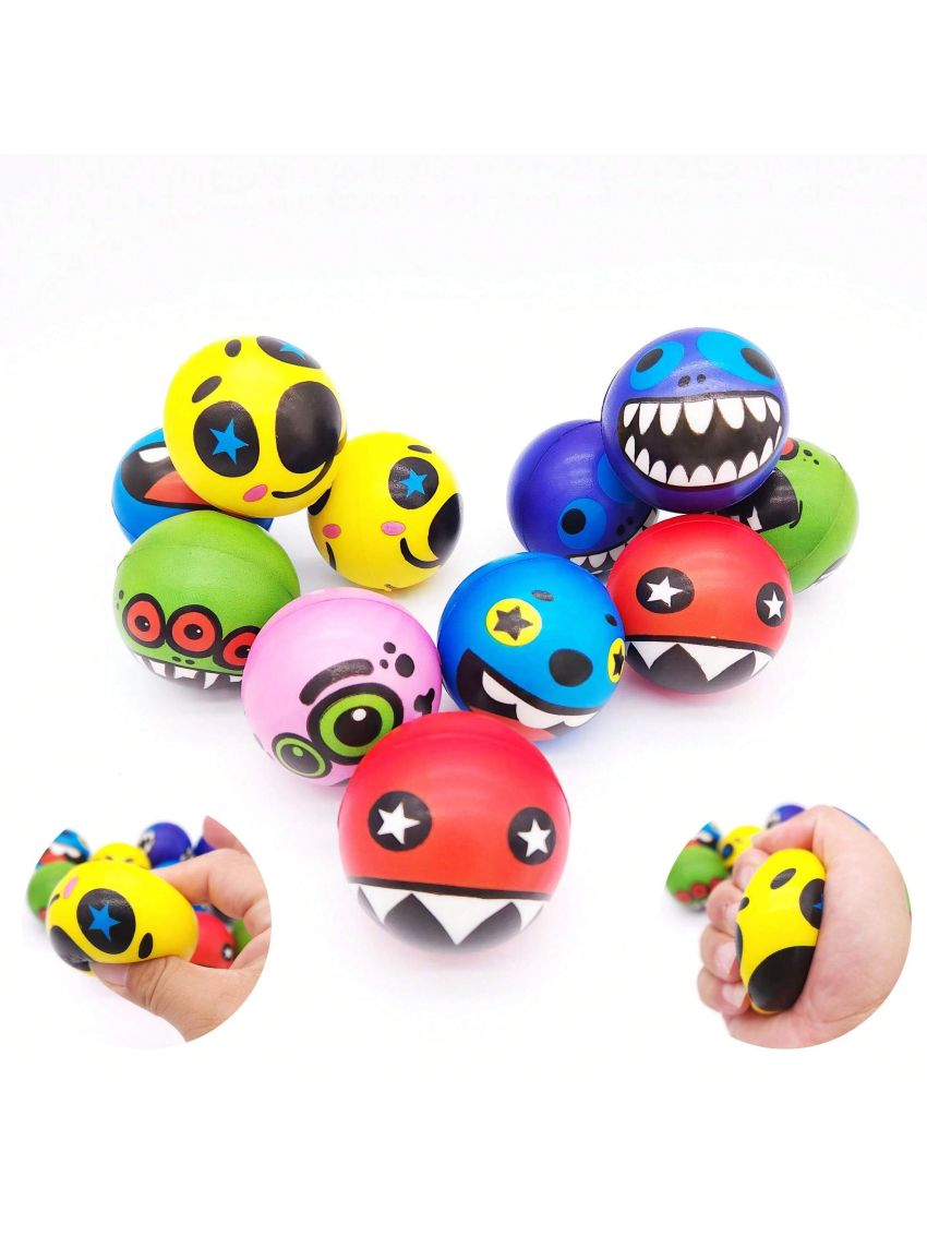 12pcs Sponge Eva Squeeze Ball, Adorable Cartoon Monster Expression Pattern