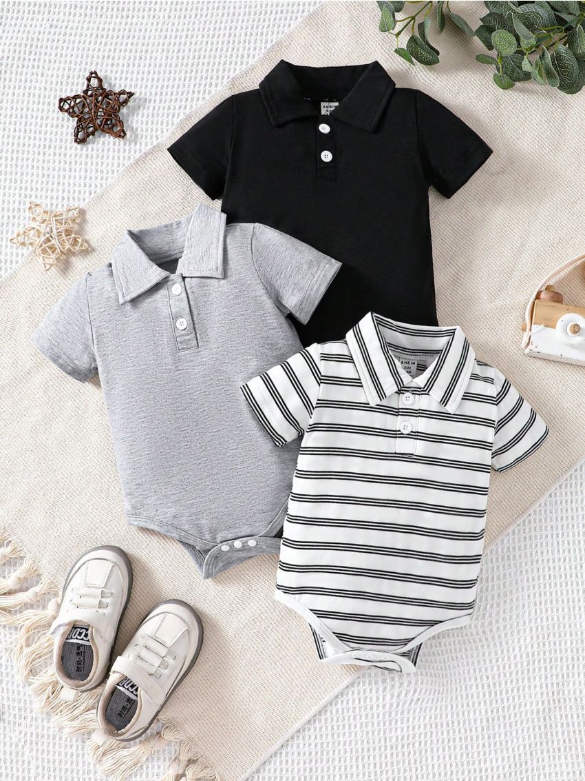 Baby Boys' Button Front Half Placket Short Sleeve Romper