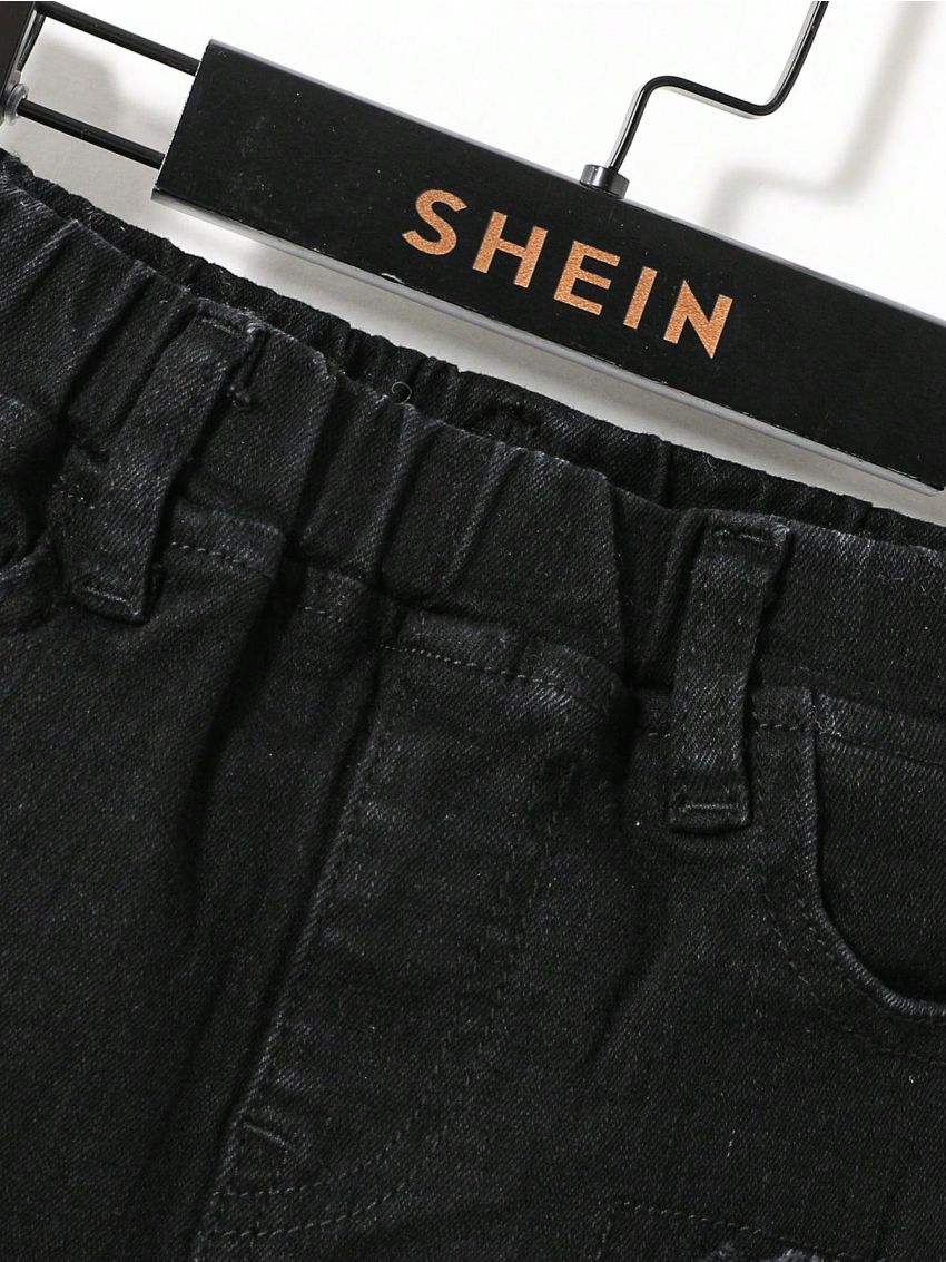 SHEIN Toddler Boys' Casual Tight Irregular Cut Distressed Denim Shorts