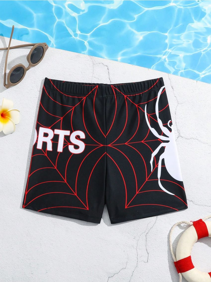 Tween Boys' Elastic Waist Spider & Letter Print Swim Trunks