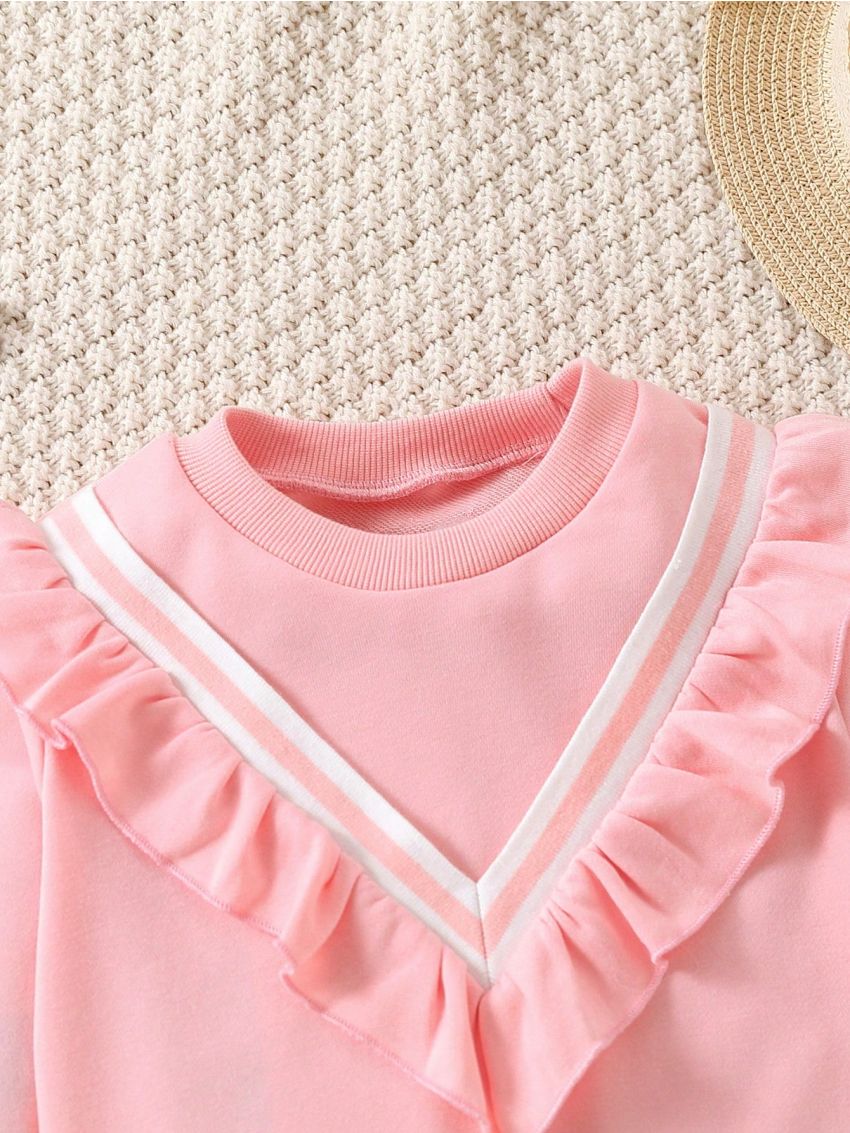 Little Girls' Striped Pullover Sweatshirt With Ruffle Hem Detail