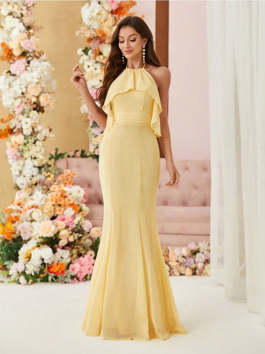 SHEIN Belle Chiffon Bridesmaid Dress With Halter Neck, Gathered Waist, Pleated Detail And Slight Fish Tail