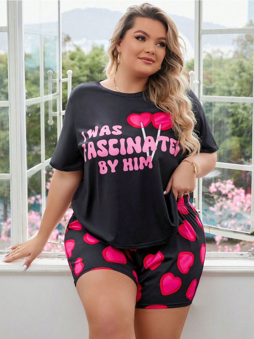 Plus Size Alphabet & Heart Printed Pajama Set