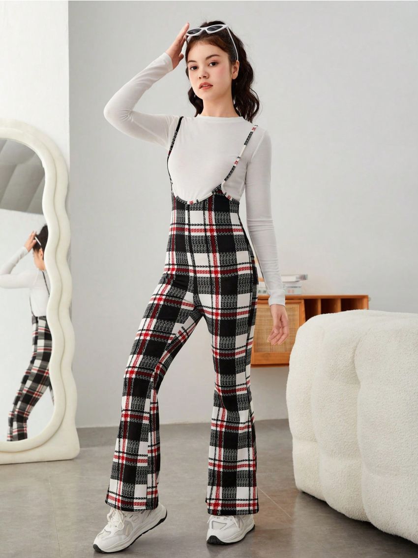 Teen Girl Plaid Print Flare Leg Suspender Jumpsuit Without Tee