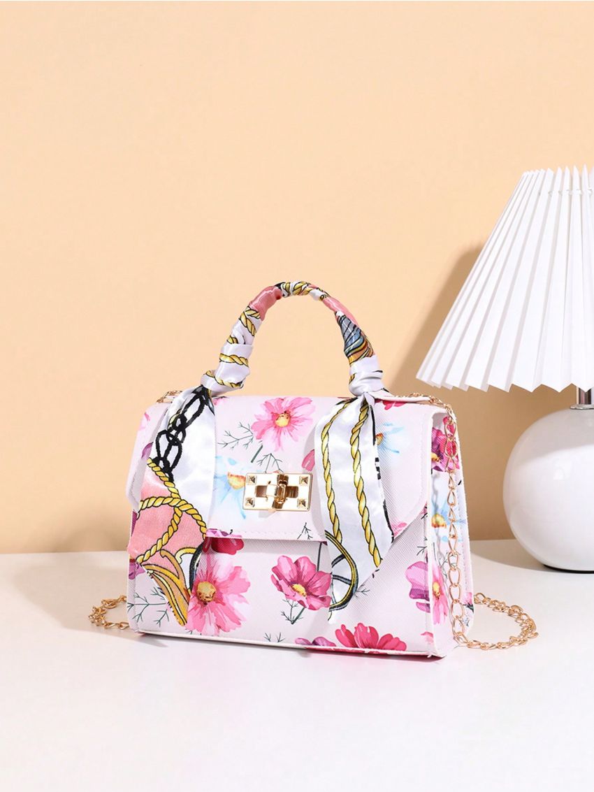 Silk Scarf Decorated Colorful Printed Tote Bag (random Scarf Pattern)