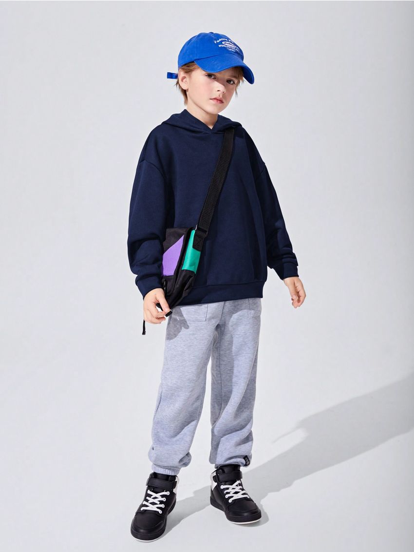 SHEIN Boys' Casual Loose Fit Hooded Pullover Sweatshirt With Letter Print, For Kids