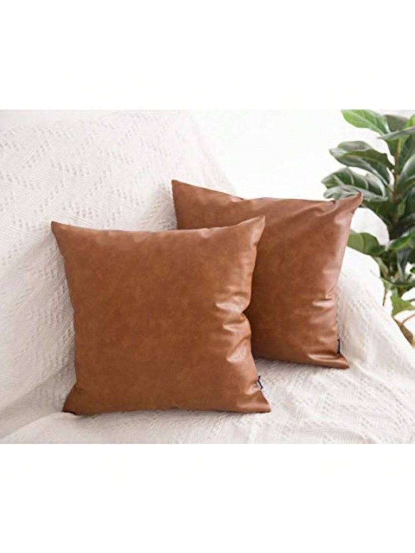 Faux Leather Throw Pillow Covers, 18 x 18 inch Set of 2 Thick Cognac Brown Modern Solid Decorative Square Bedroom Living Room Cushion Cases for Couch Bed Sofa
