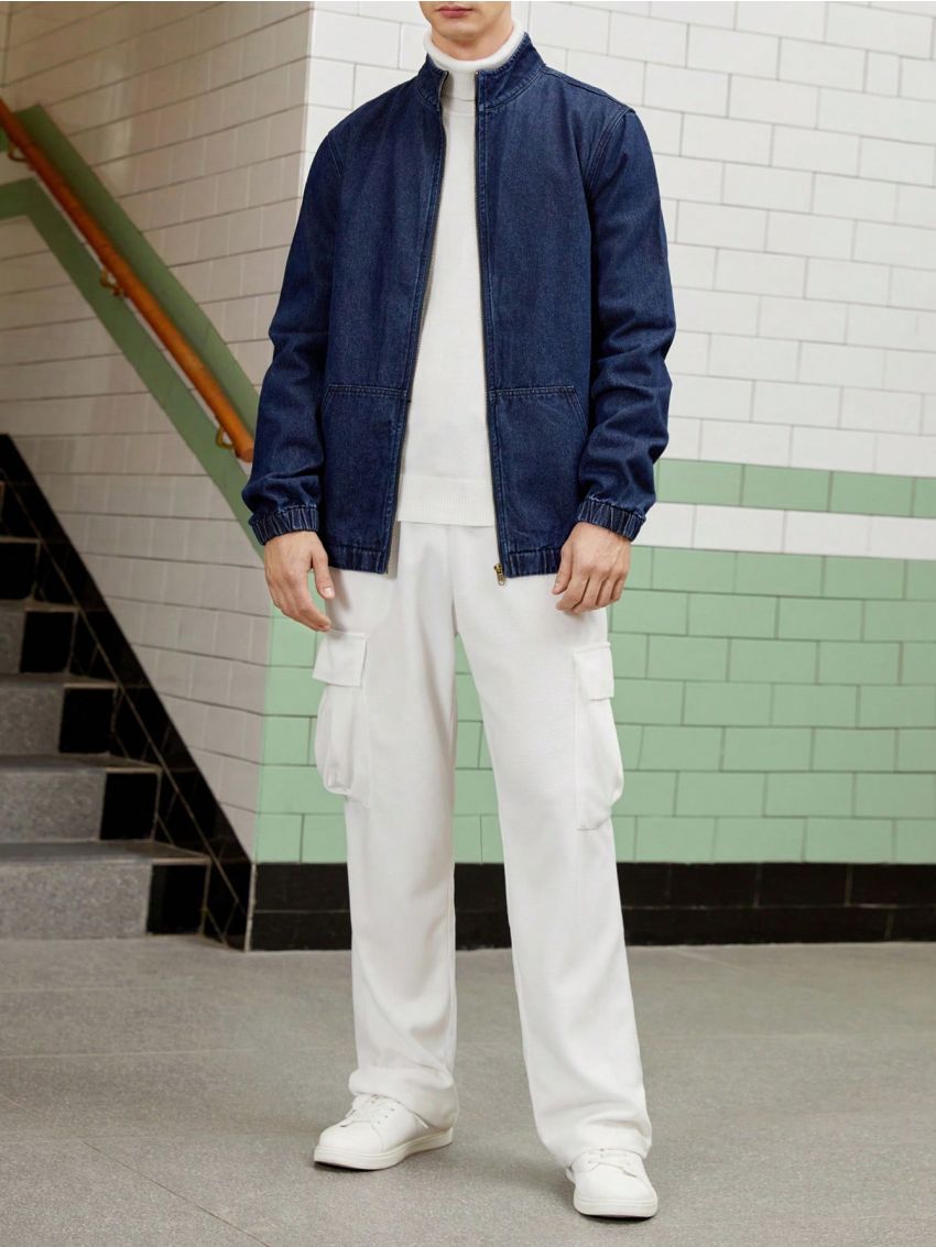 Manfinity Hypemode Men's Solid Color Half-high Collar Zipper Denim Jacket