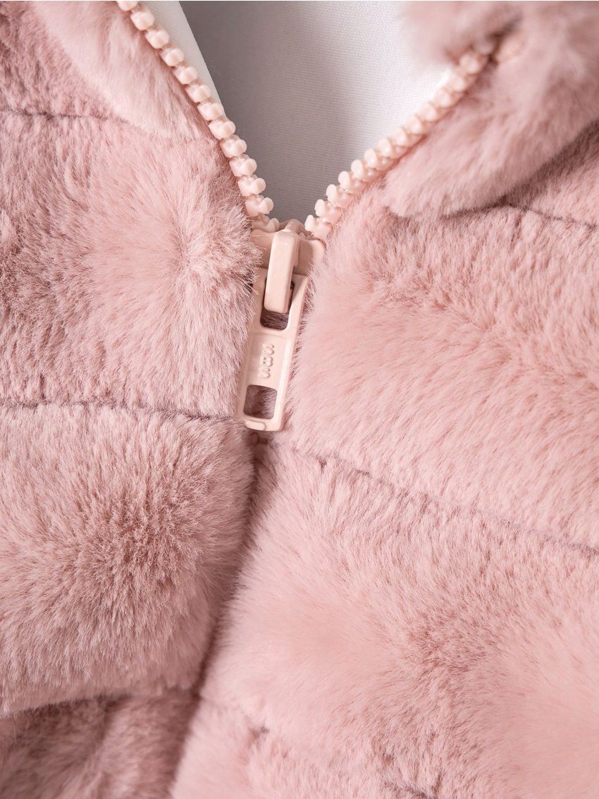 Tween Girl 1pc Zipper Hooded Fuzzy Coat