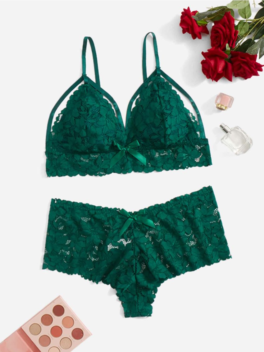 Plus Floral Lace Bow Decor Harness Lingerie Set