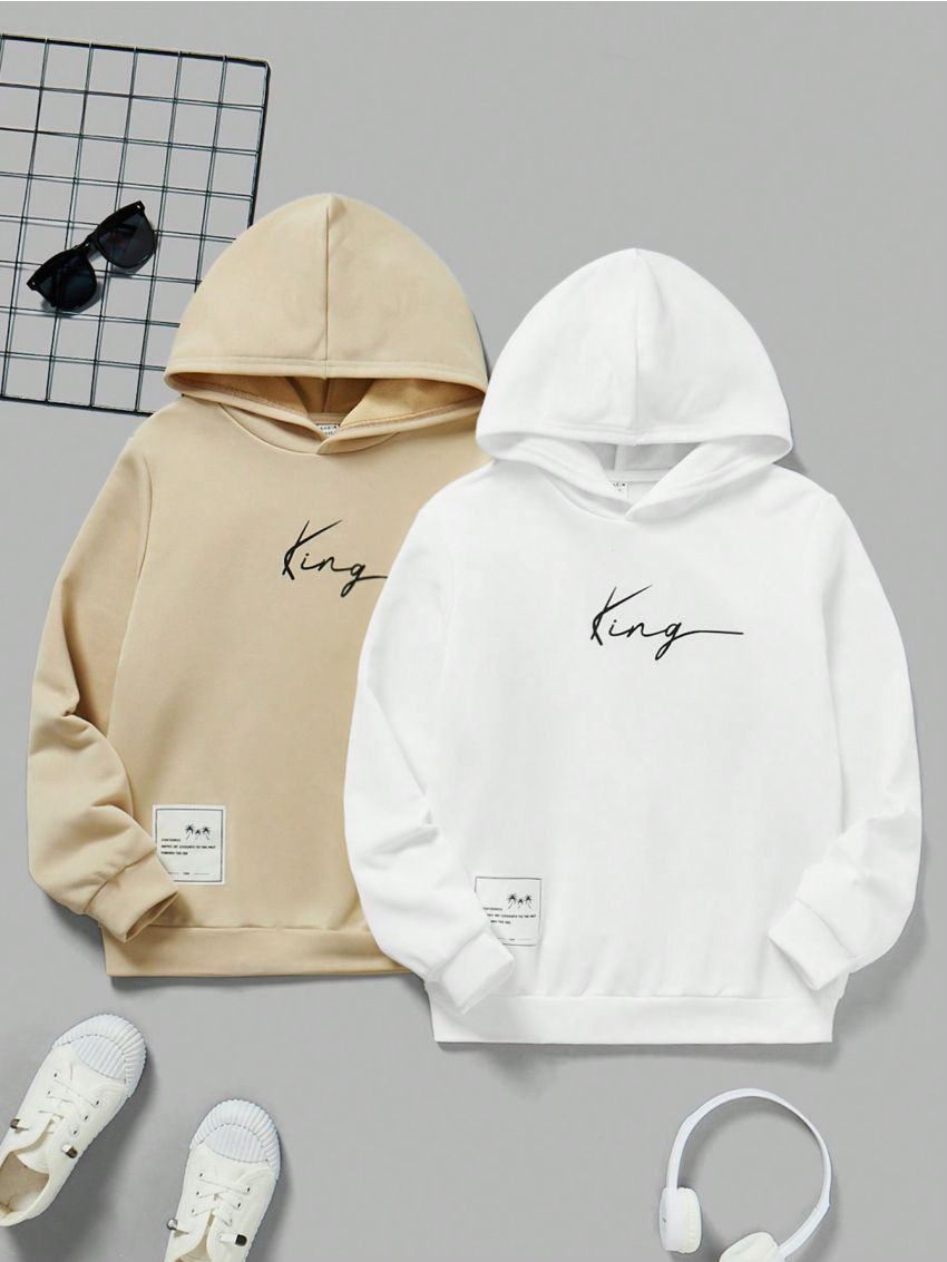 SHEIN Kids EVRYDAY Tween Boys Casual Letter Printed Long Sleeve Hoodie Tracksuit, 2pcs/Set