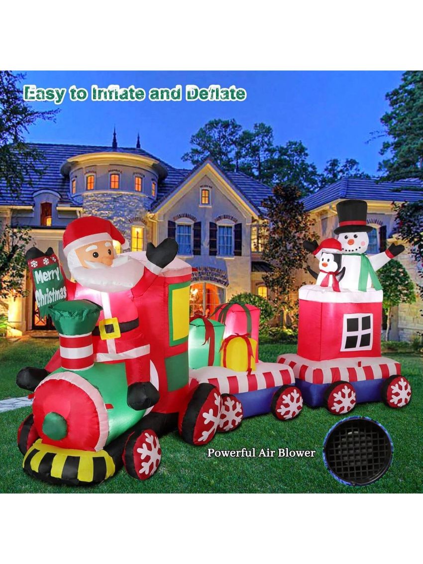 8 FT Christmas Inflatable Train with Santa Claus, Snowman, Penguin, Gift Boxes, Blow Up Yard Decorations with Built-in Lights, Lovely Xmas Train Carriage for Holiday Display Lawn Garden Party Decor