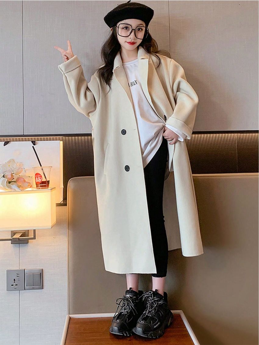 Tween Girl Double Breasted Belted Overcoat