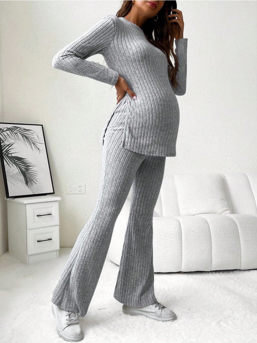 SHEIN Maternity Ribbed Knit Split Hem Tee & Adjustable Waist Flare Leg Pants