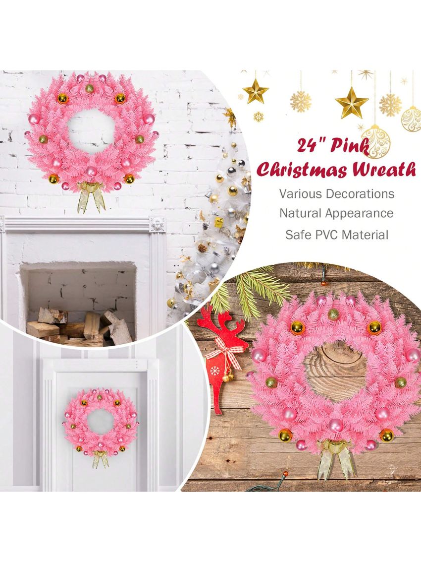 Costway 24'' Artificial PVC Christmas Wreath 140 Tips w/ Ornament Balls & Golden Bow Pink