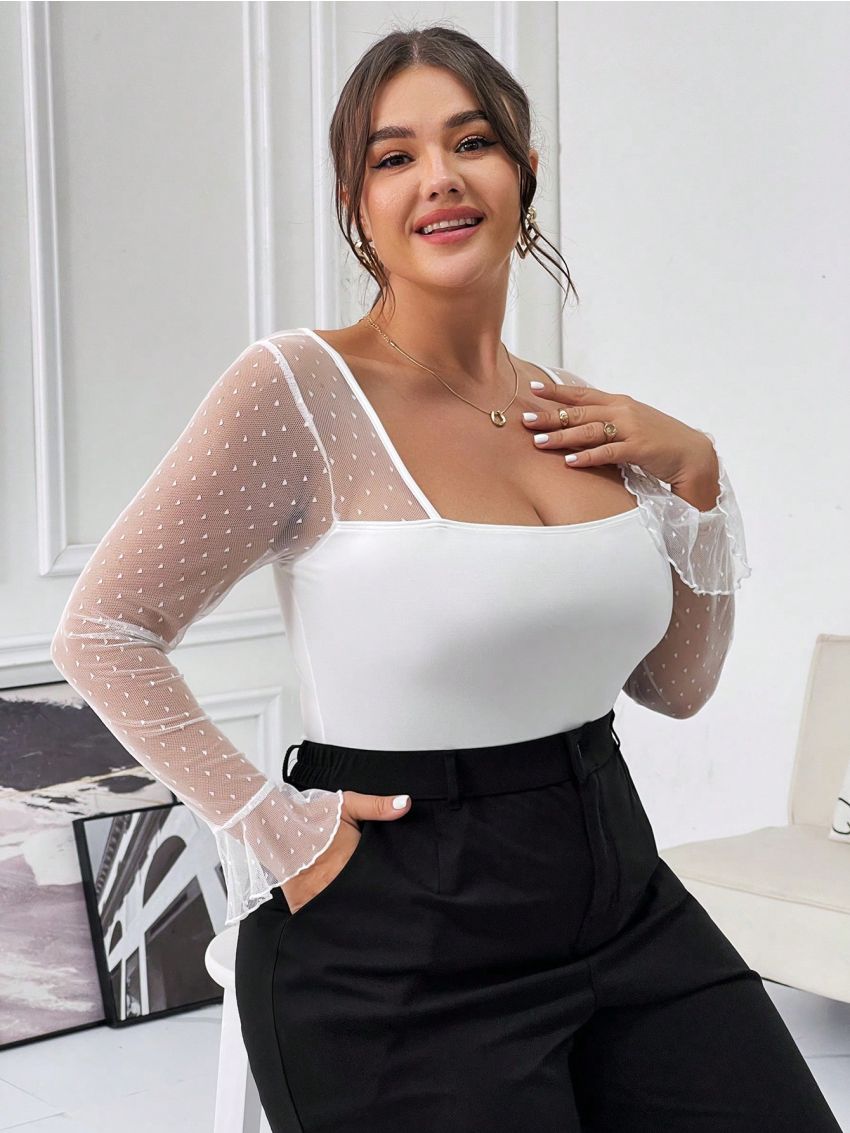 SHEIN Privé Plus Size Mesh Patchwork Ruffle Sleeve Bodysuit