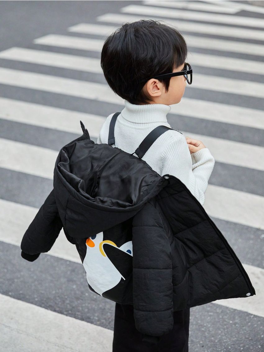 SHEIN Kids QTFun Boys' Cute Comfortable Cartoon Animal Pattern Hooded Thick Padded Jacket