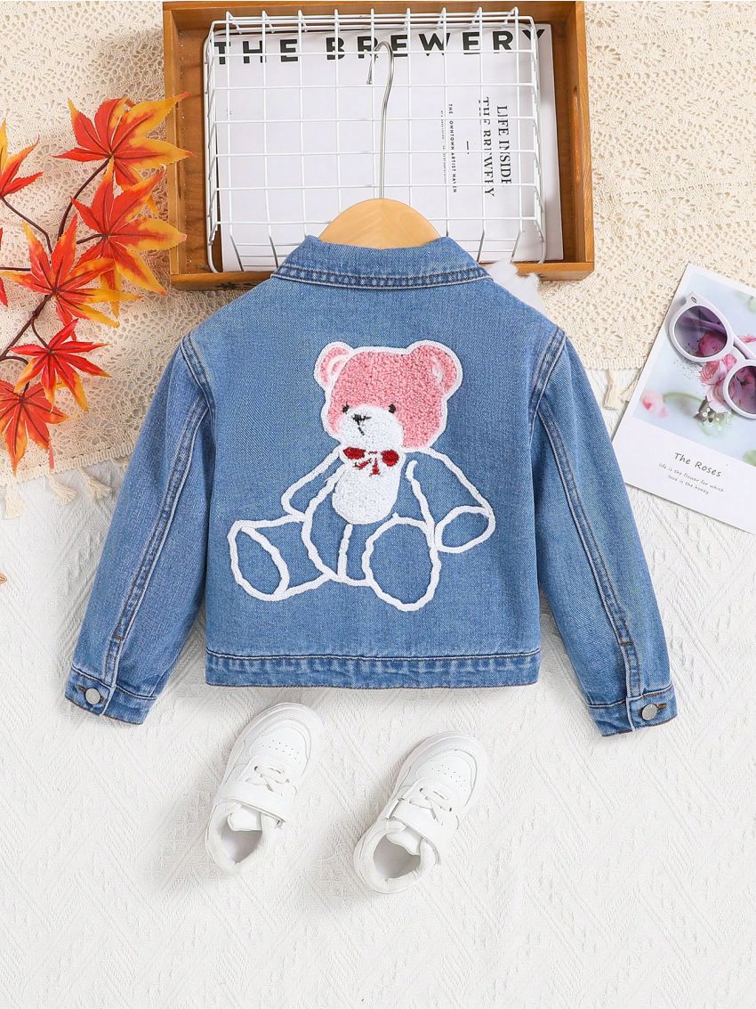 SHEIN Little Girls' Bear Pattern Denim Jacket