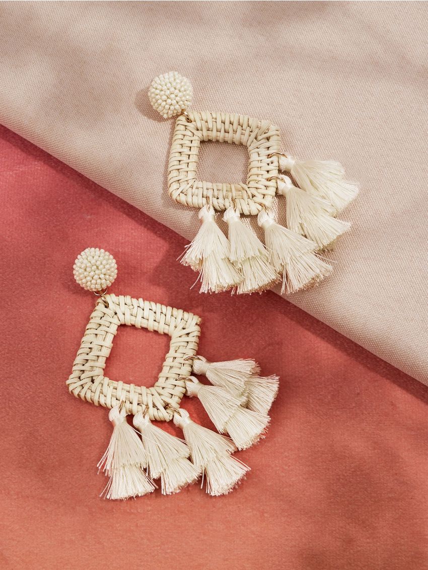 Tassel Decor Wooden Geometric Earrings