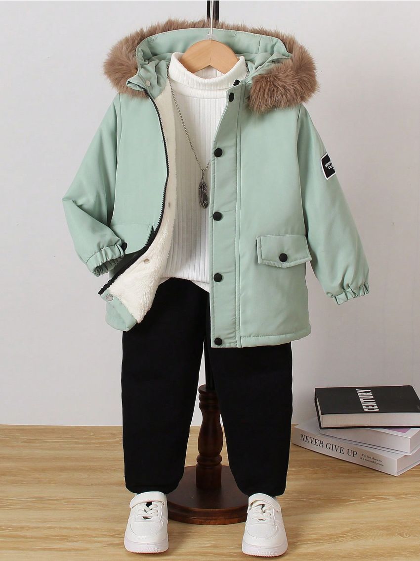 Young Boy Fuzzy Trim Teddy Lined Hooded Coat Without Sweater