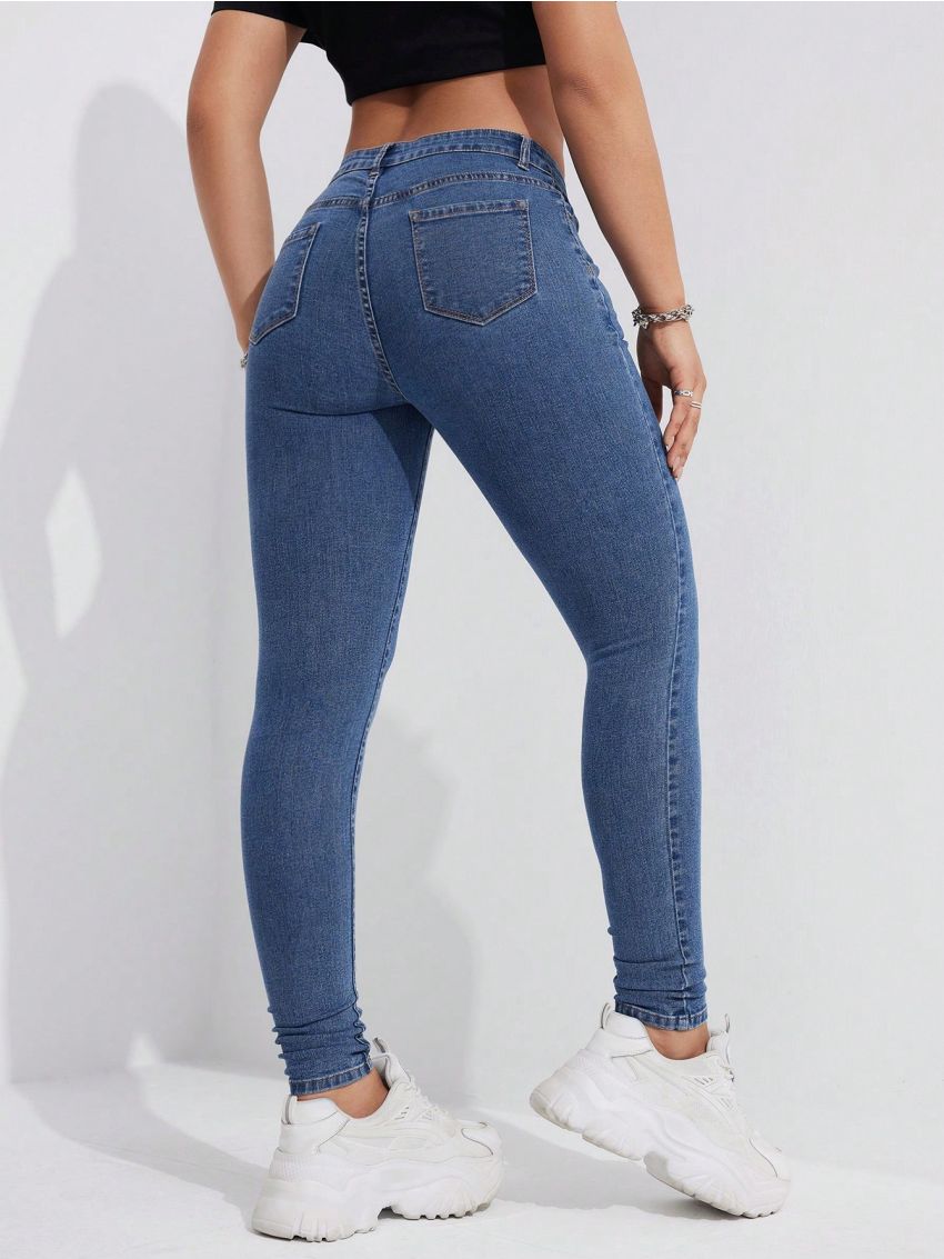 Solid Color Skinny Jeans With Slanted Pockets