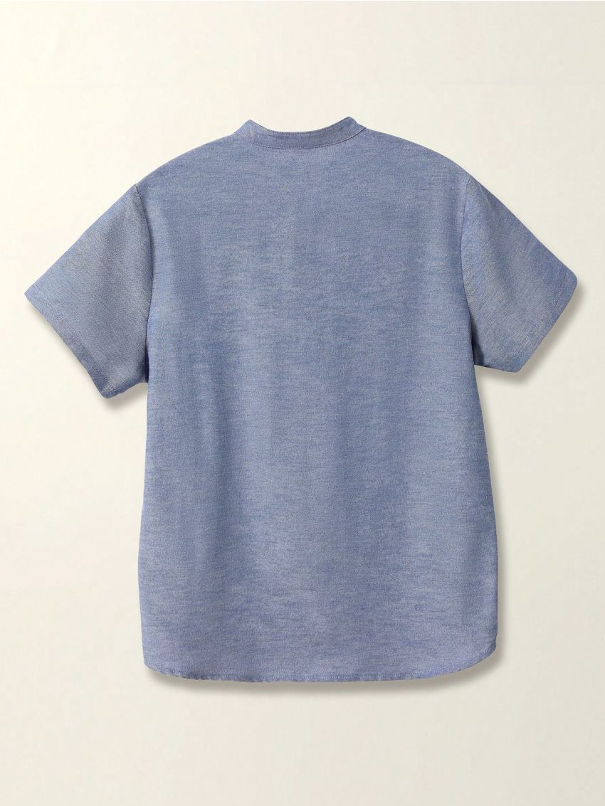 SHEIN Boys' Casual Mandarin Collar Half Button Short Sleeve Woven Loose Shirt