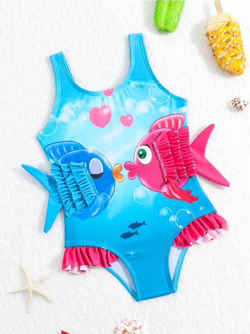 Baby Girls' Cartoon Fish Printed Vest Swimsuit