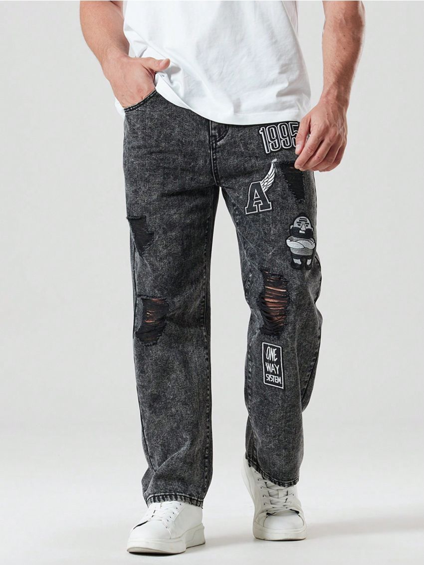 Men's Patch & Ripped Plus Size Jeans