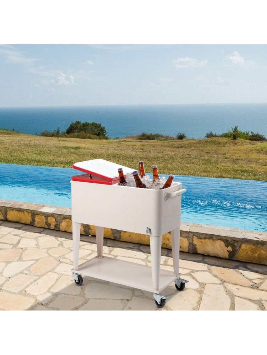 80QT 87.5*38.5*91cm Rectangular Plastic Box Iron Leg Tube Freezer Insulation Milky White Box Red Lid Freezer Insulation Cart