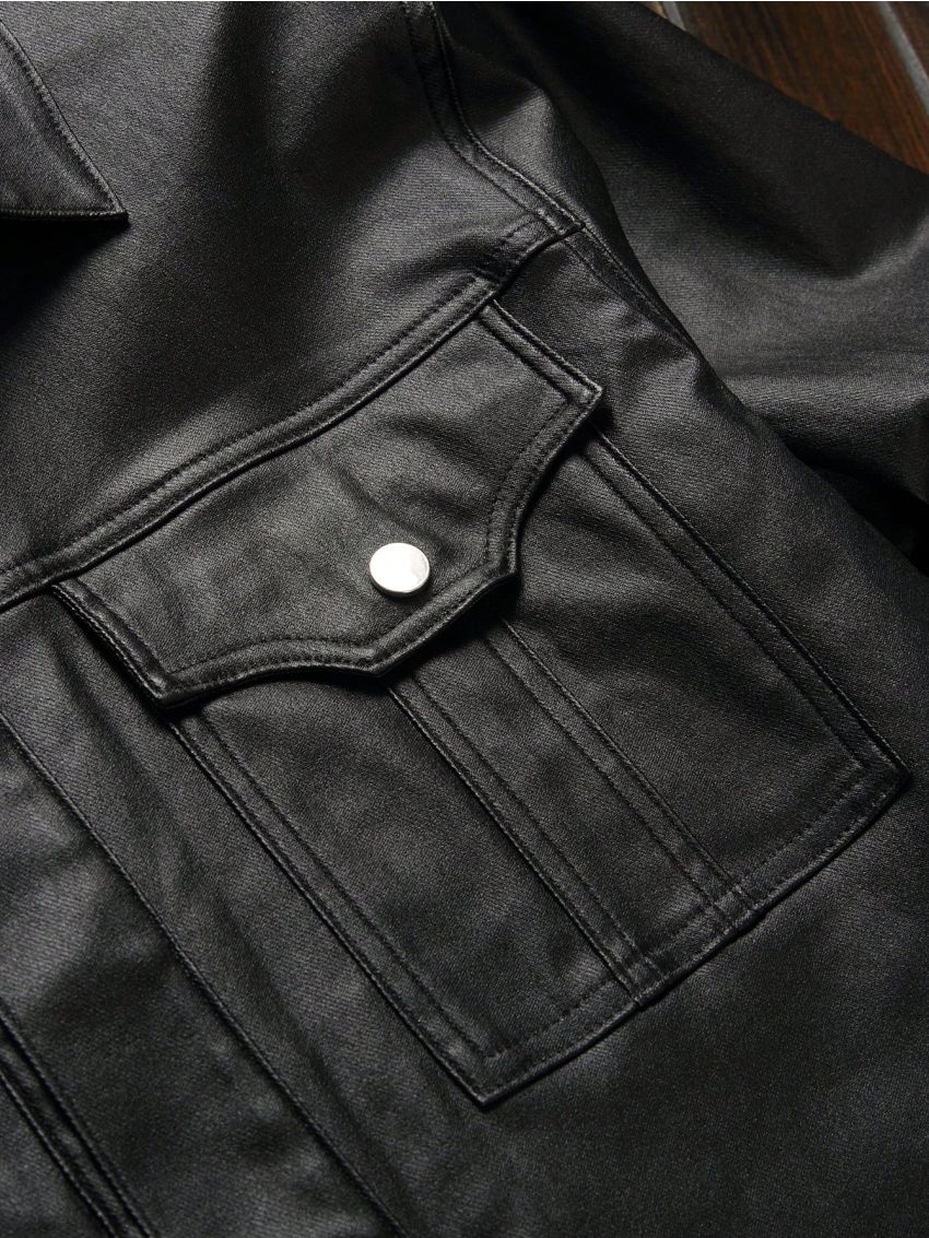 Men's Faux Leather Effect Denim Jacket With Small Collar