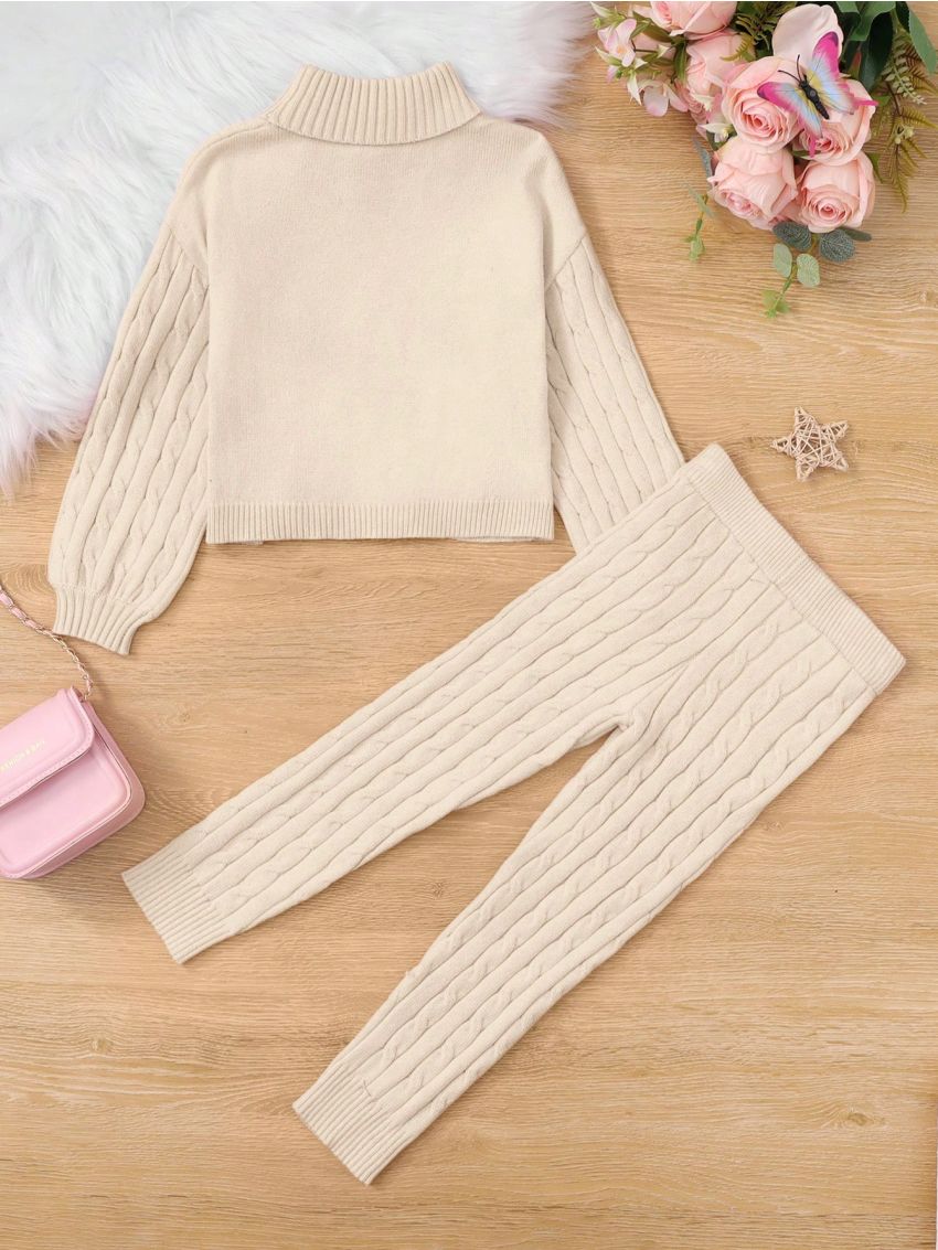 SHEIN Toddler Girls' Long Sleeve Turtleneck Sweater And Sweater Pants Set, 2pcs