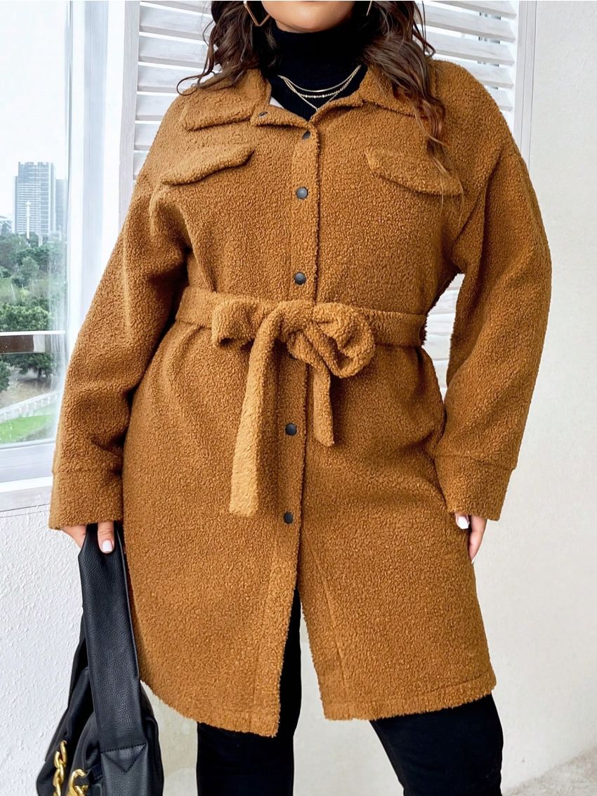 SHEIN Privé Plus Drop Shoulder Belted Teddy Coat