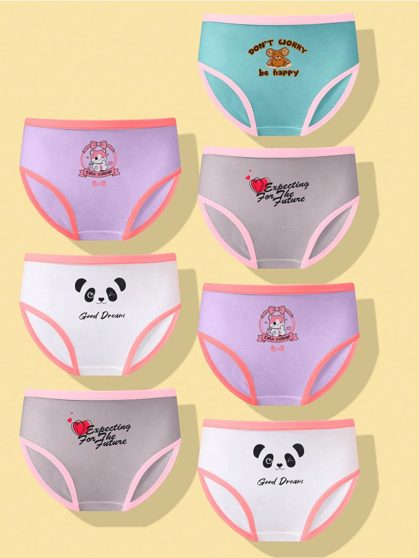 7pcs Young Girl's Cartoon Printed Color-Block Edged Triangle Panties