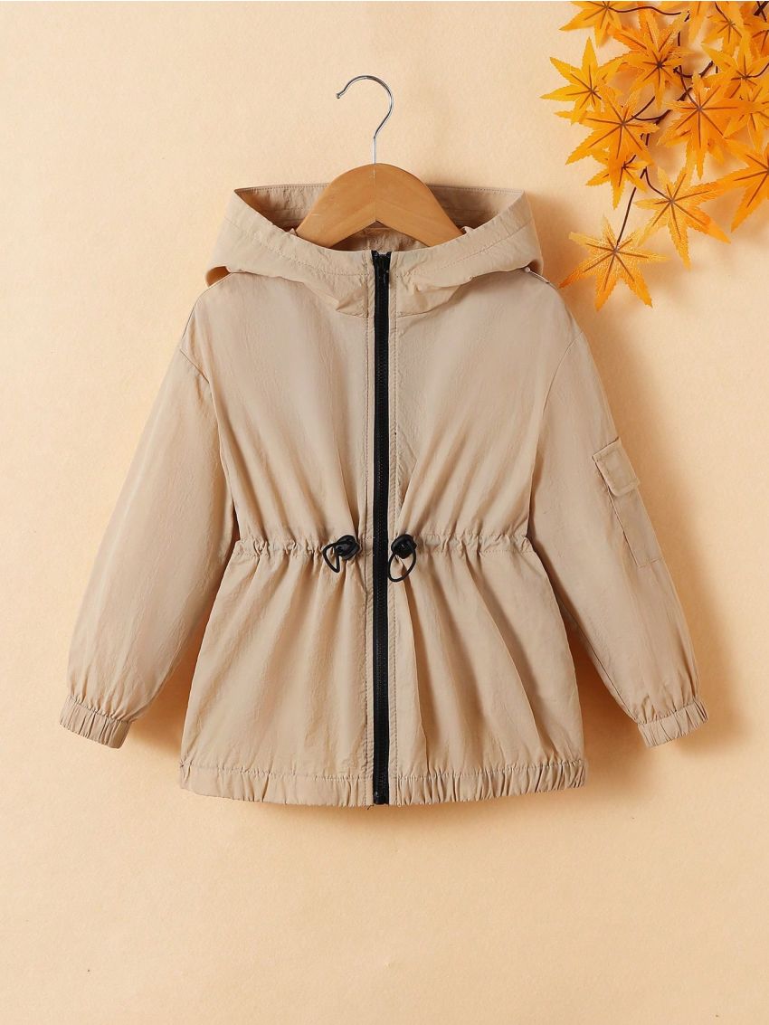 SHEIN Kids QTFun Little Girls' Woven Solid Zippered Hooded Loose Coat With Attached Pockets