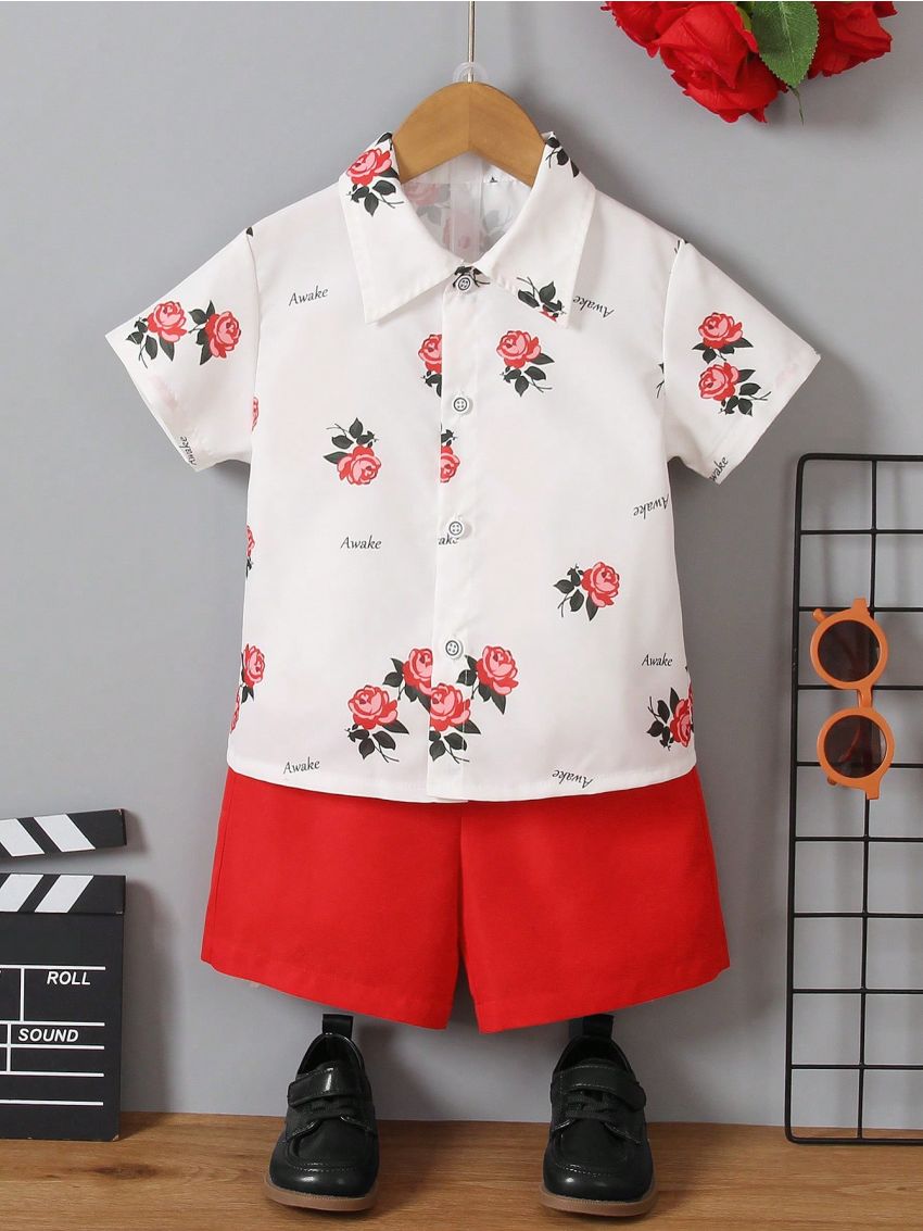 SHEIN Toddler Boys' Gentlemen Style Flower Print Short Sleeve Shirt And Shorts Set