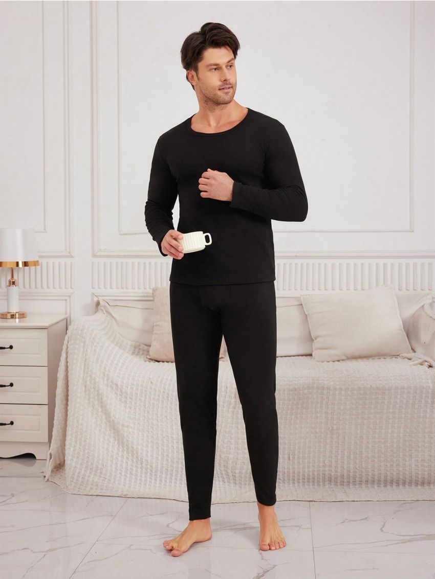 Men'S Round Neck Long Sleeve Top And Pants Thermal Underwear Set